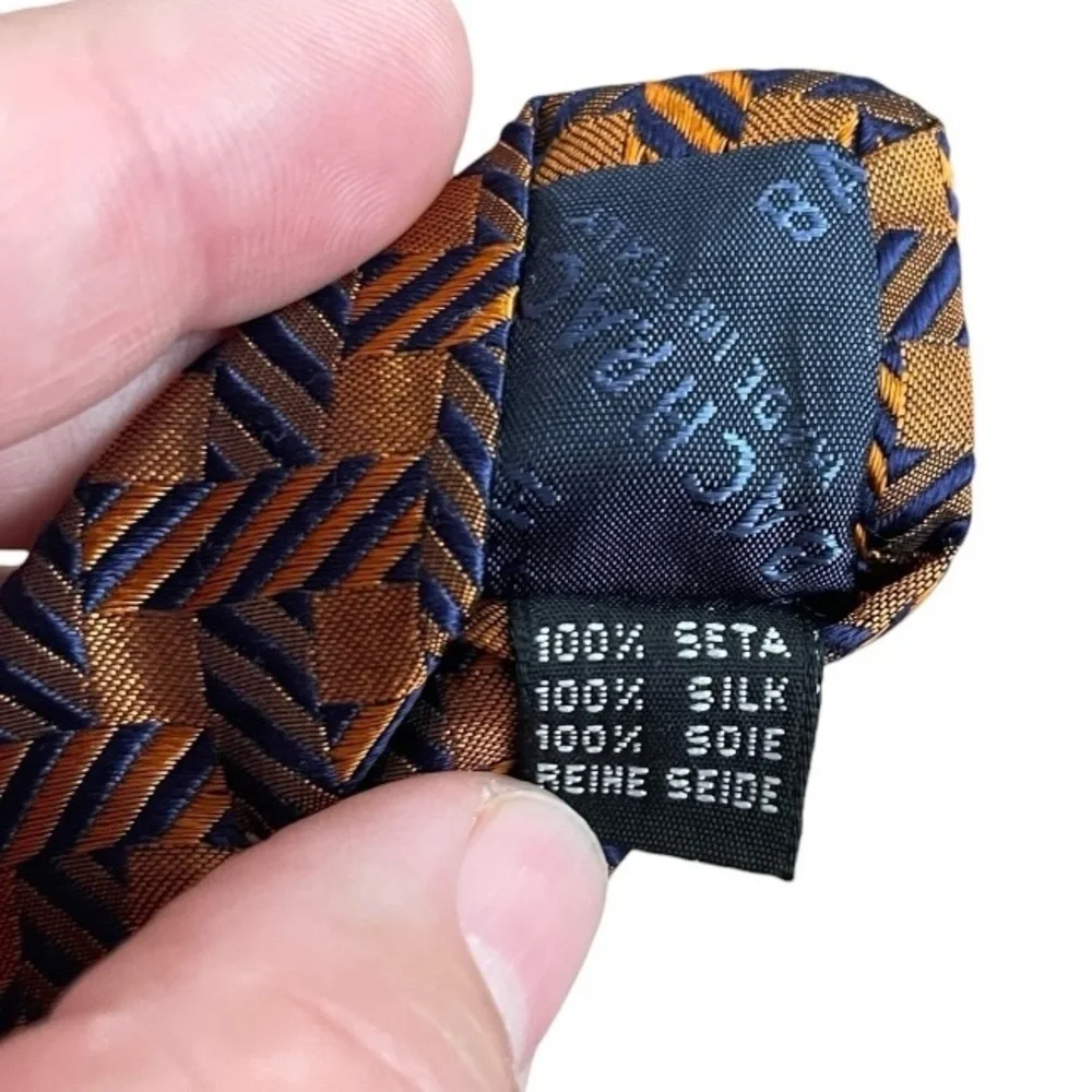 Bachrach Jaquard Orange Blue Geometric Neck Tie 100% Silk Made in Italy designer